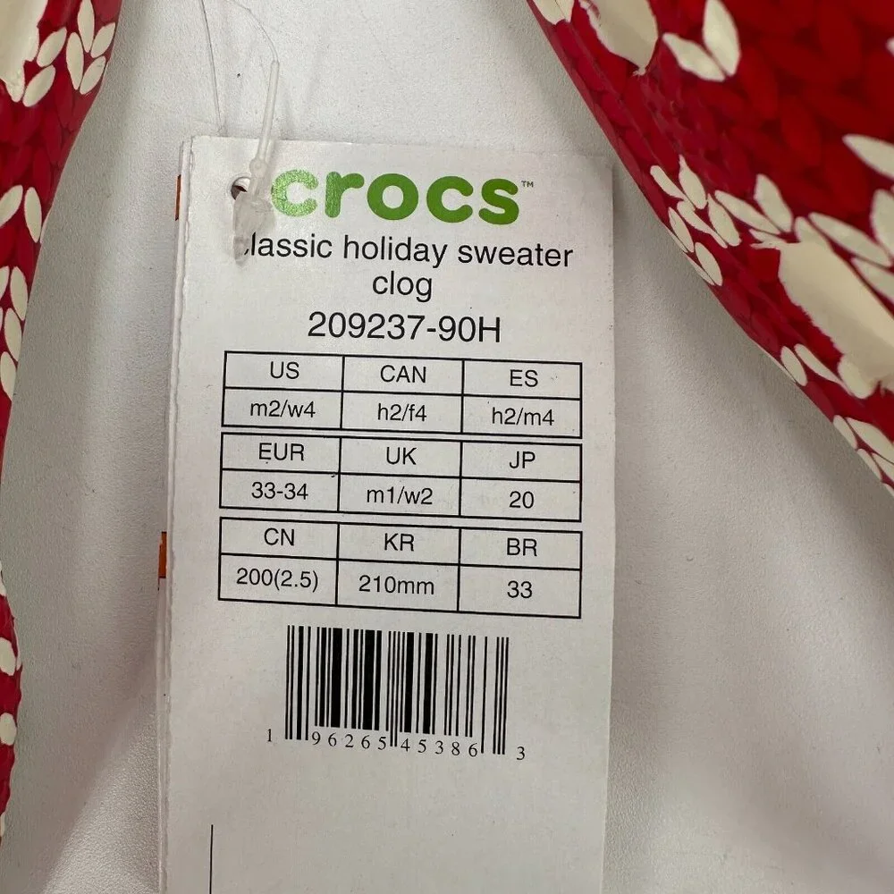 Crocs Kids Classic Clogs Size 2 Red Holiday Sweater Slip-on Shoes